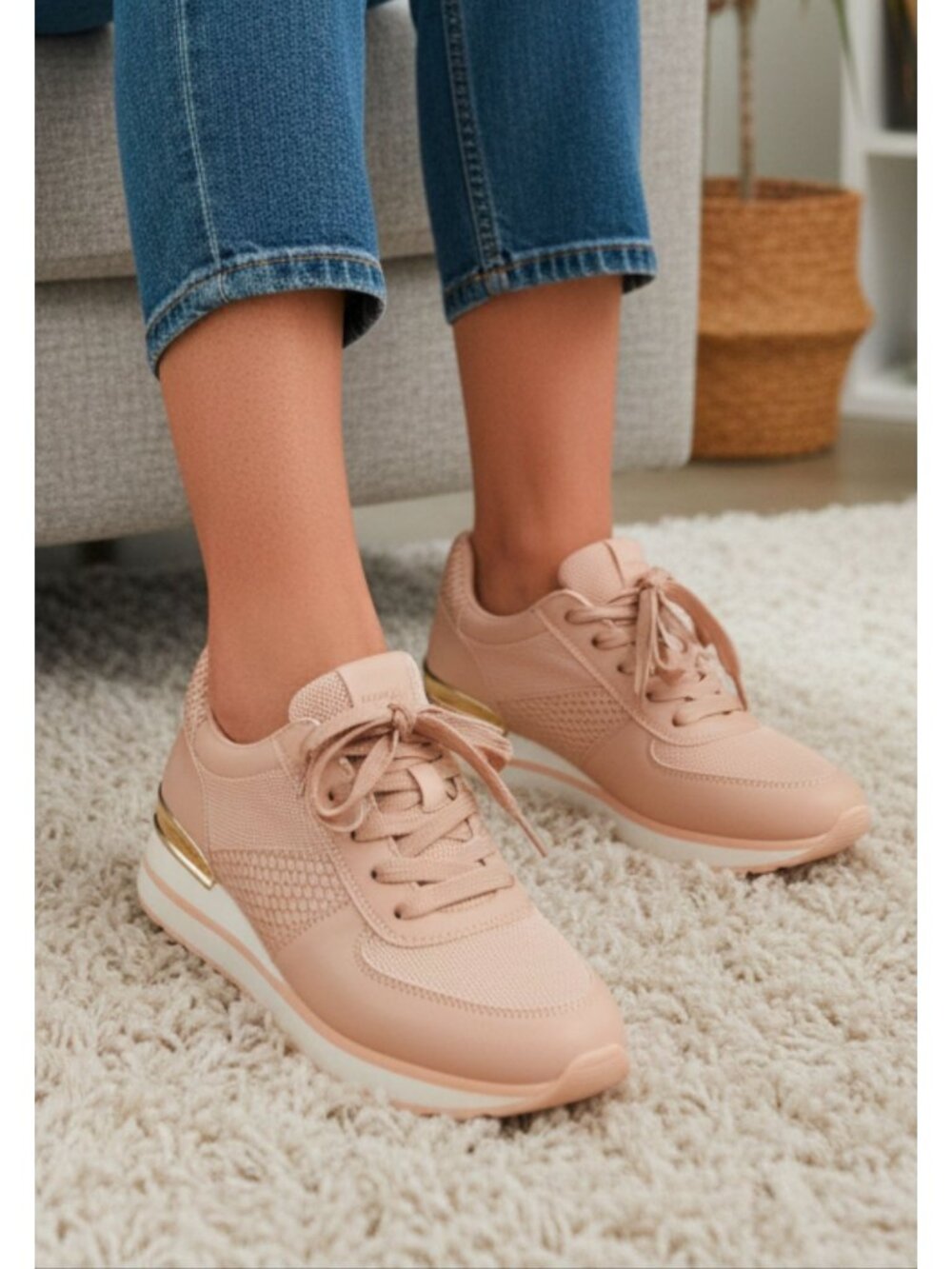 Blush Pink Womens Sneakers With Mesh Paneling & Gold Heel Accent